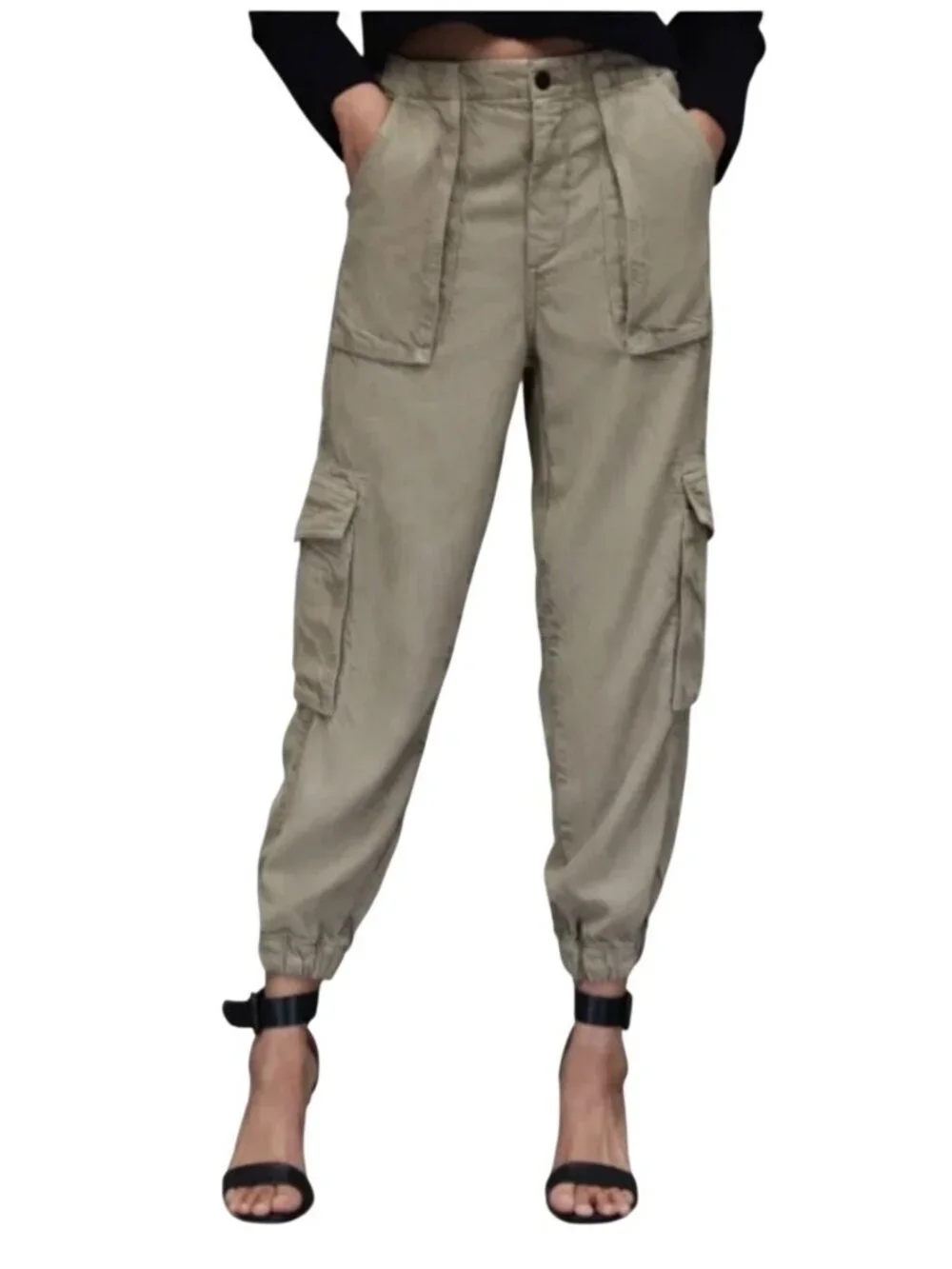 AllSaints "Frieda Denim Trouser" Cargo Jogger Womens 6 Light Olive Green Lyocell - Picture 3 of 16